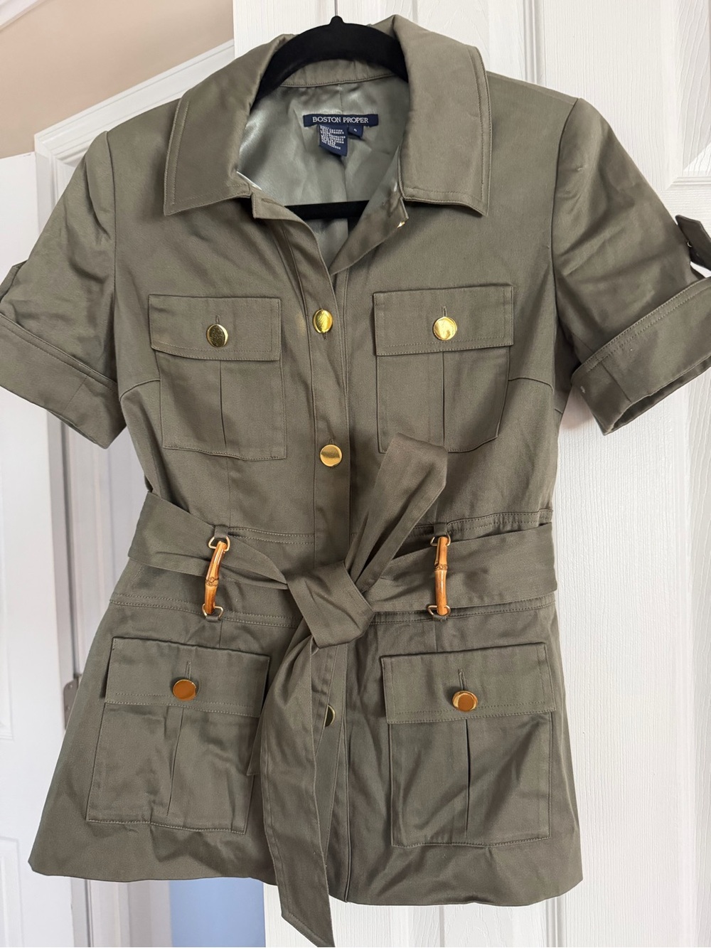 Boston Proper Olive Utility Short-Sleeve Belted Jacket with Gold Hardware